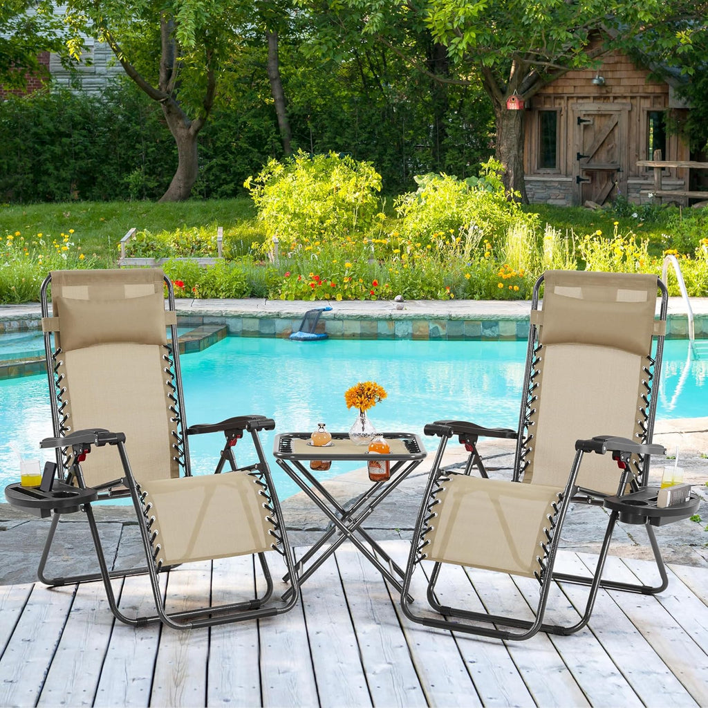 3PCS Zero Gravity Recliner Portable Outdoor Reclining Chair Set Side Table Lounge Chairs wourant