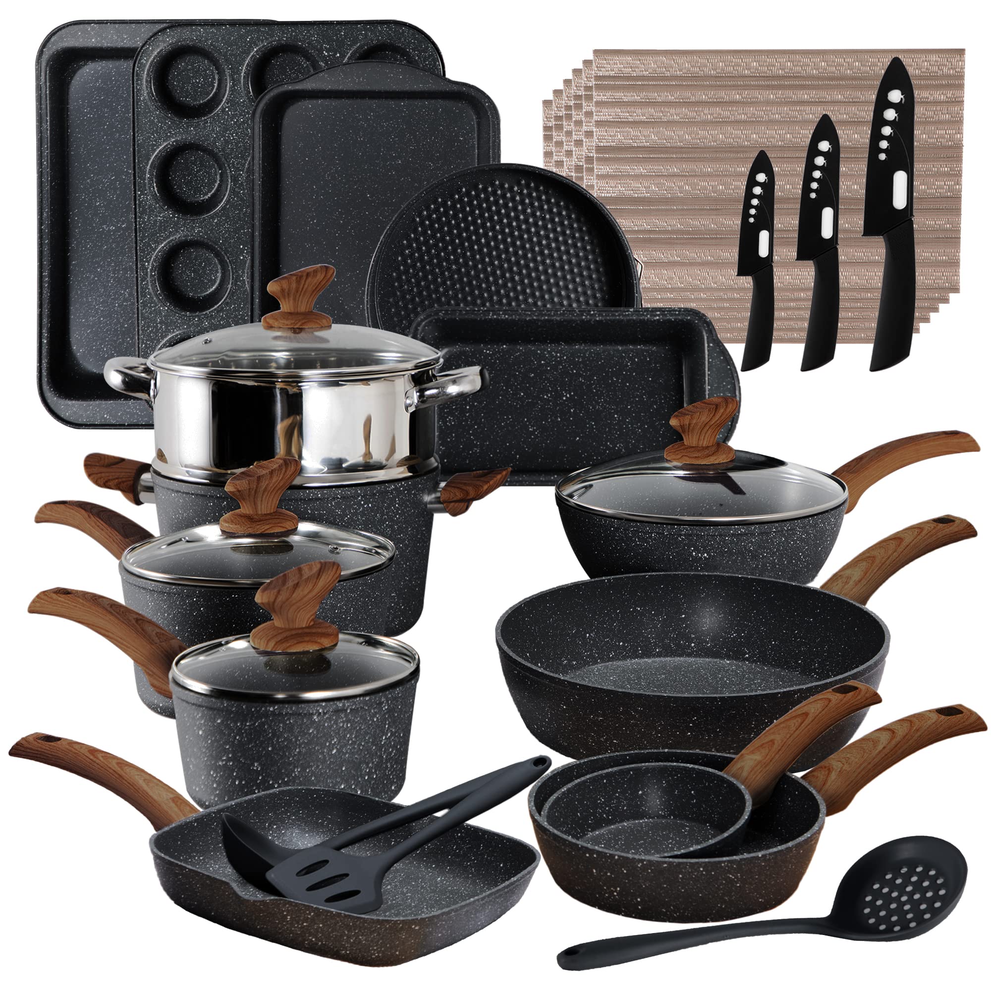 Cookware Set-17 Piece Non-stick Cooking Pan Set Black Granite Pots and Pans Set wourant