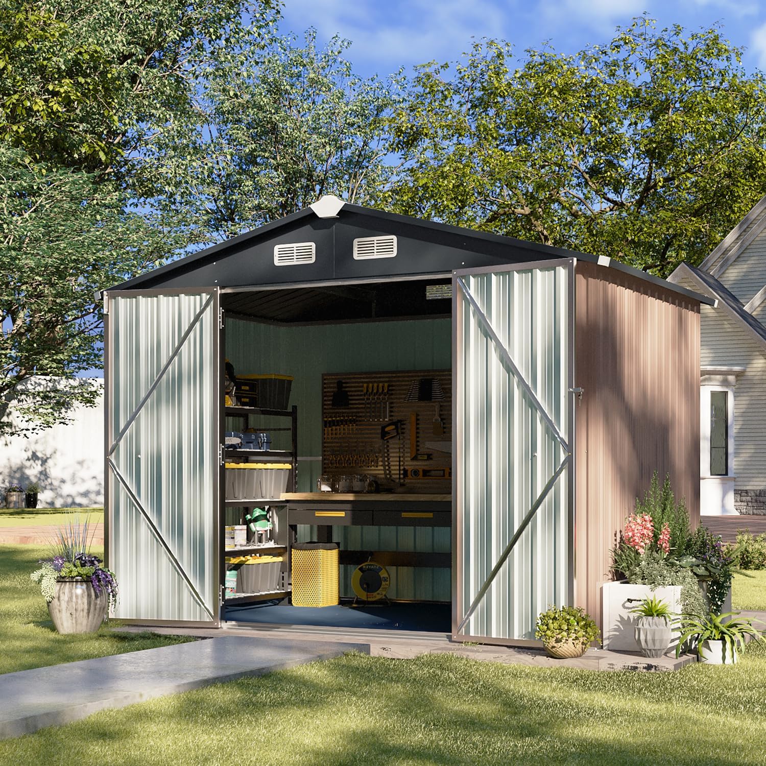 Aoxun 6.2x4 FT Shed Outdoor Storage Shed Metal Garden Shed Sloping Roof Tool Shed Bike Shed wourant