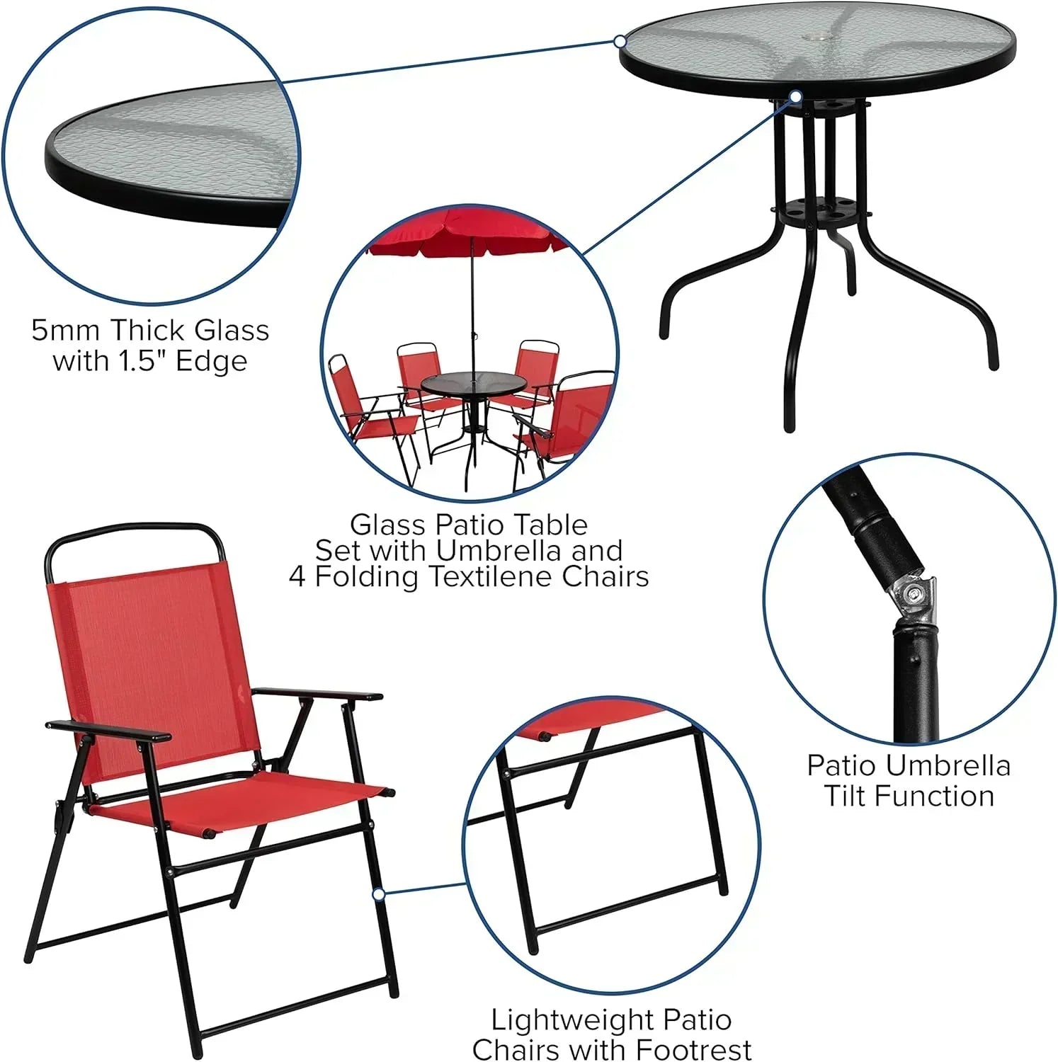 EMMA + OLIVER 6 Piece Brown Patio Garden Set with Umbrella Table Set of 4 Folding Chairs wourant