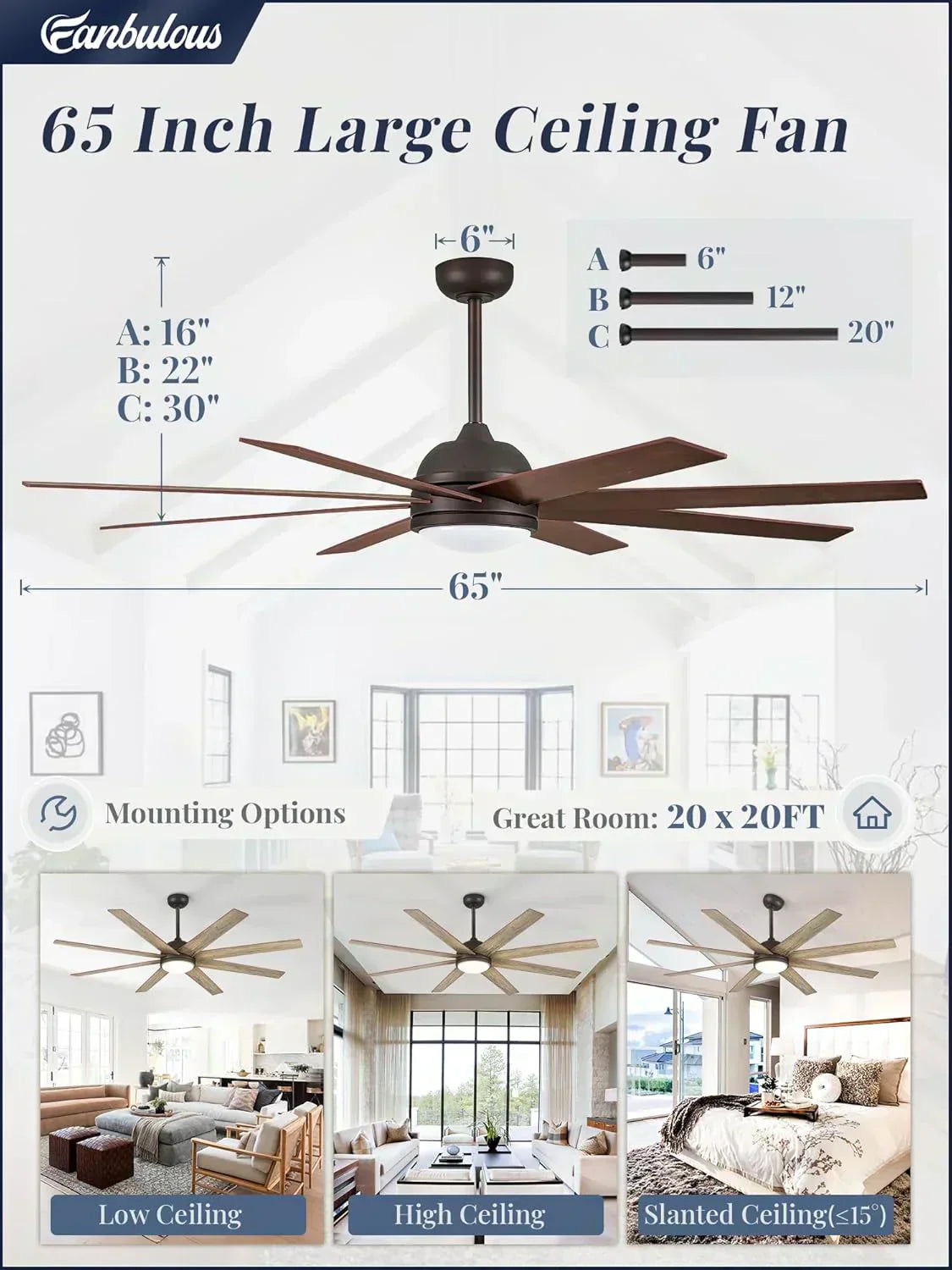 Ceiling Fan Indoor/Outdoor 8 Blades 65 inches wourant