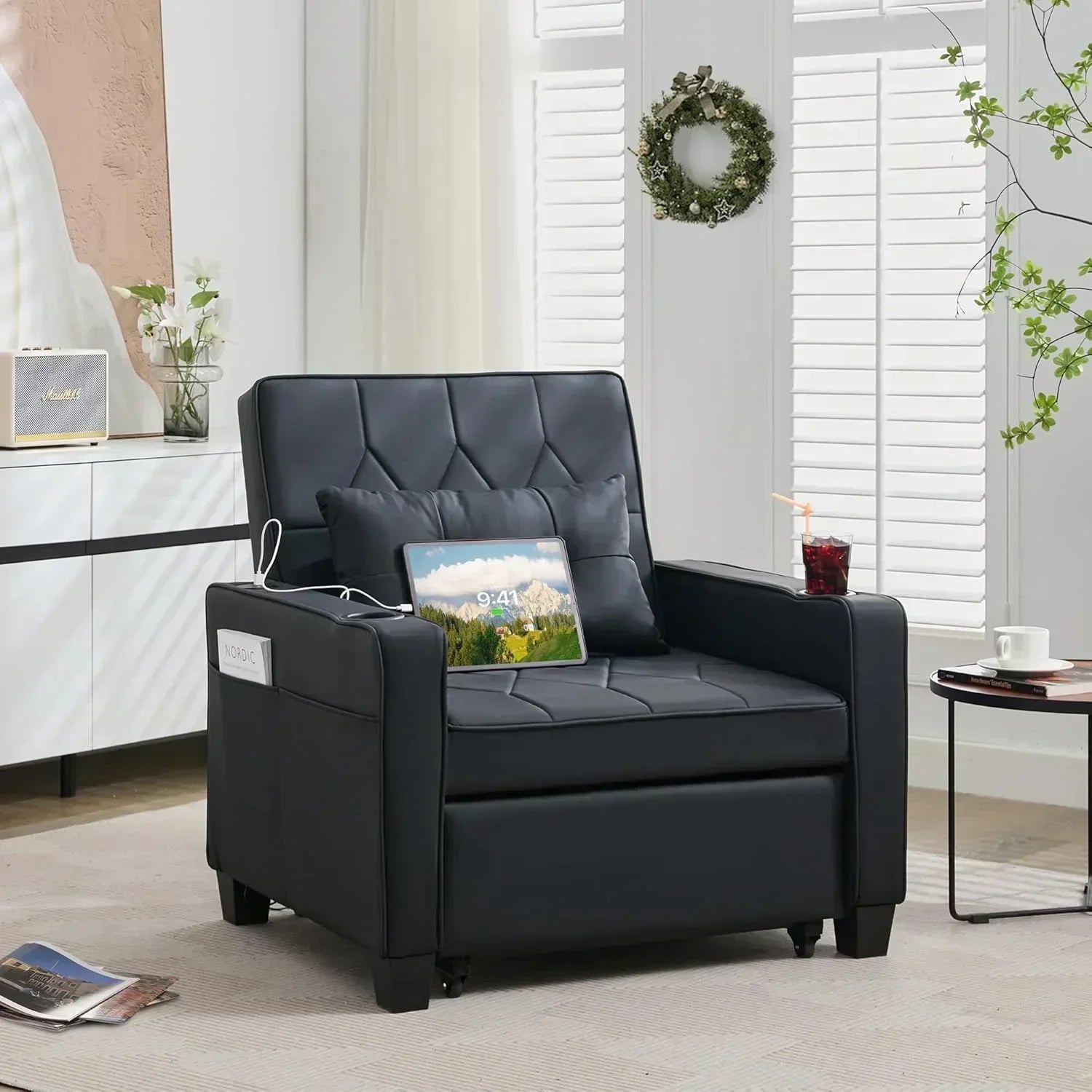 Adult Convertible Sleeper Chair Bed 3-in-1 Pull-Out Sofa Bed with USB/Type-C Ports Cup Holders wourant