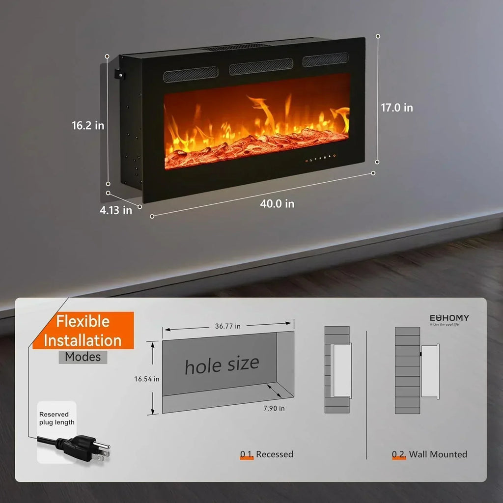 EUHOMY 50 Inch Electric Fireplace Wall Recessed Adjustable Flame Color Fireplace Heater wourant