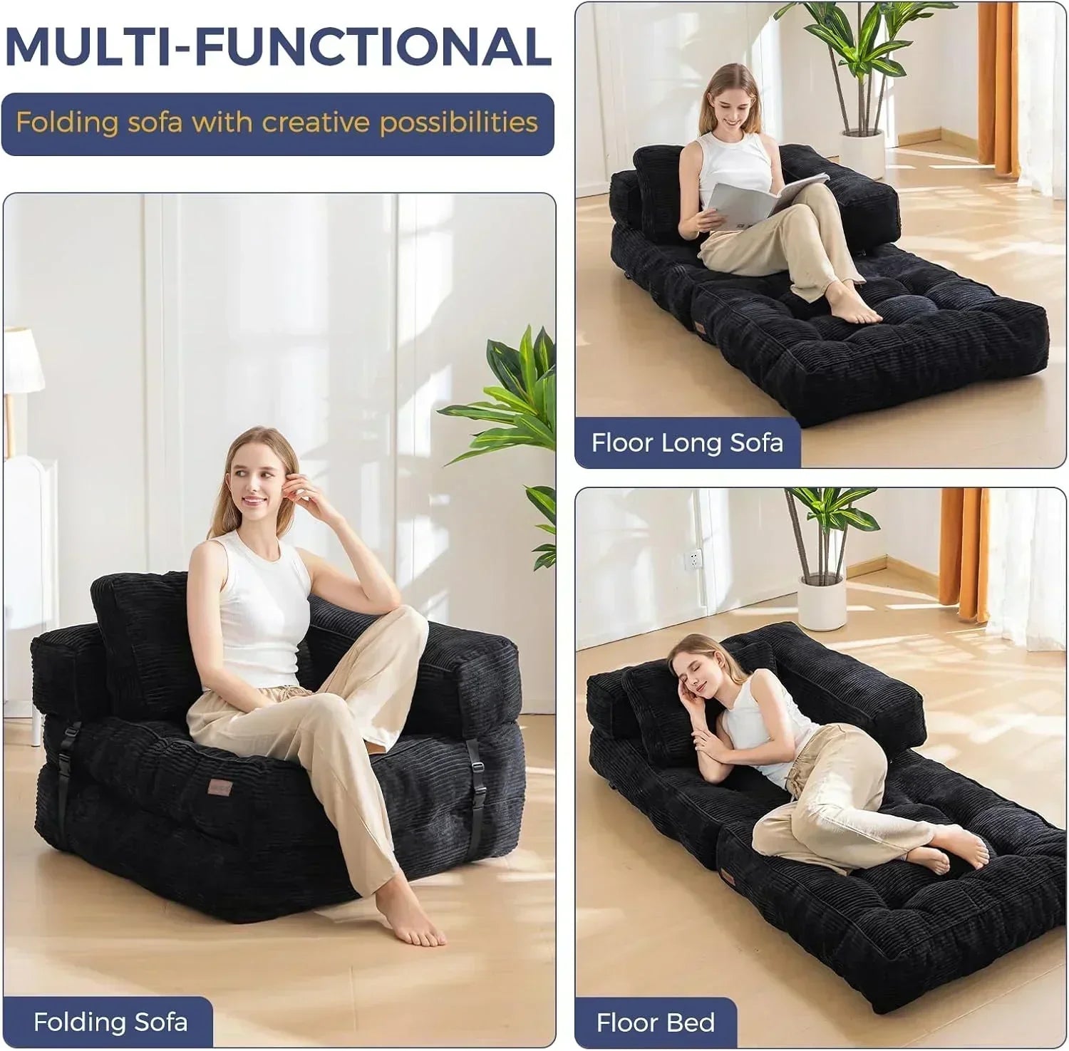 Folding Sofa Bed L-Shaped Convertible Sofa Bed with Armrests and Pillows wourant