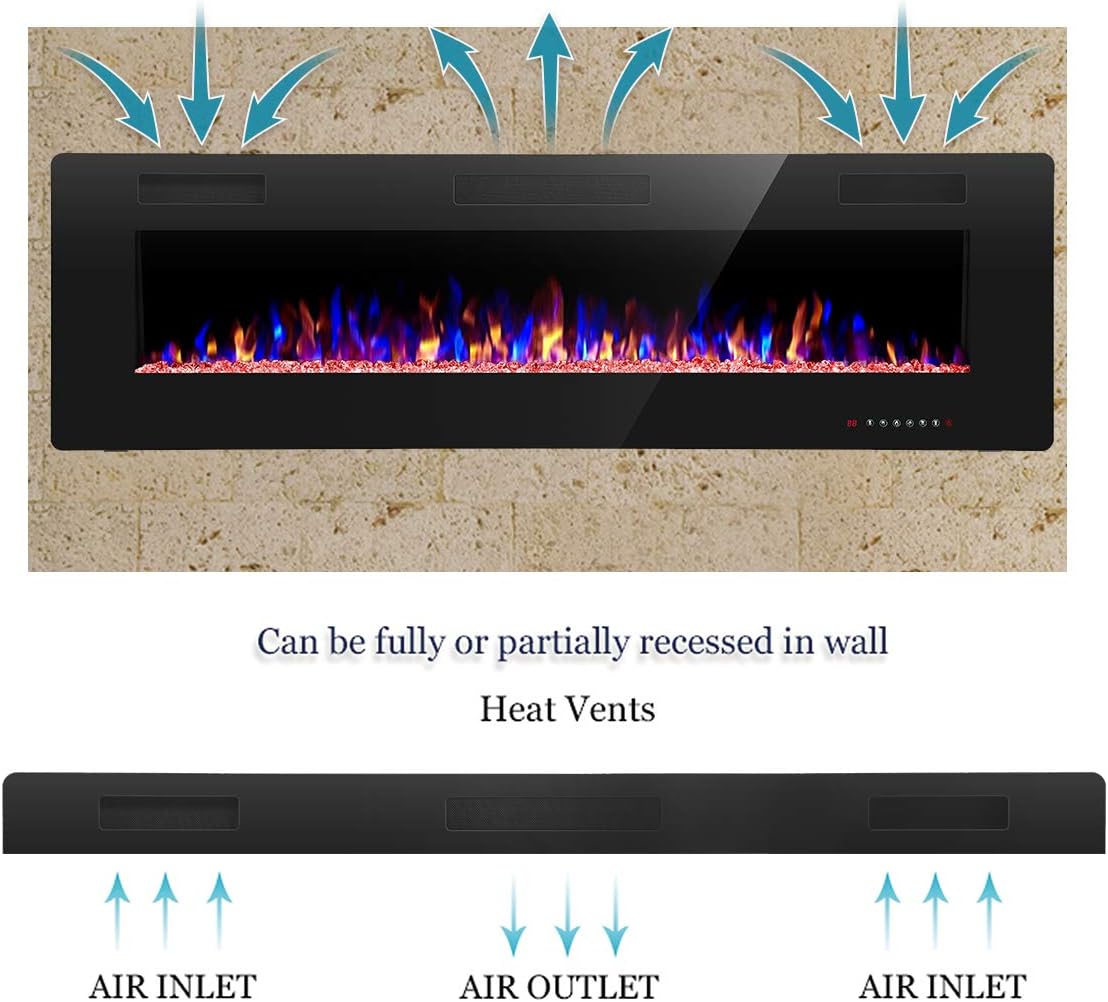 R.W.FLAME 60" Recessed and Wall Mounted Electric Fireplace, Low Noise, Fit for 2 x 6 Stud, Remote Control with Timer, Touch Screen, Adjustable Flame Color and Speed, 750-1500W wourant