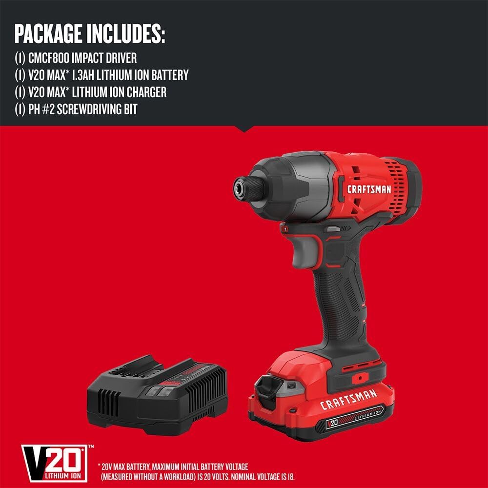 20V MAX Impact Driver Kit, 1/4 Inch, 2,800 RPM, LED Work light, Battery and Charger Included (CMCF800C1) wourant