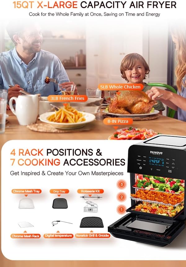 Nuwave Brio 15.5Qt Air Fryer & Broiler with 50°-425°F Temperature Control, 100 Presets and 50 Memory, Integrated Smart Thermometer, and Linear T Technology wourant