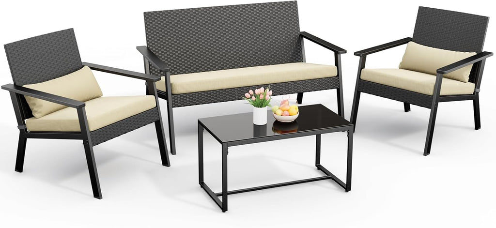 Ahomly 4-Piece Outdoor Wicker Patio Furniture Set with Deep Seating Cushions and Table for Balcony, Backyard, and Porch (Gray) wourant