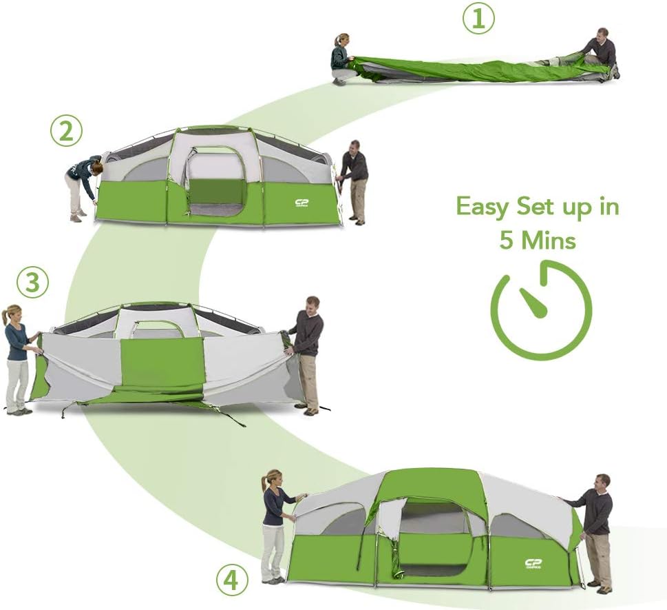 CAMPROS CP Tent 8 Person Camping Tents, Weather Resistant Family Tent, 5 Large Mesh Windows, Double Layer, Divided Curtain for Separated Room, Portable with Carry Bag wourant