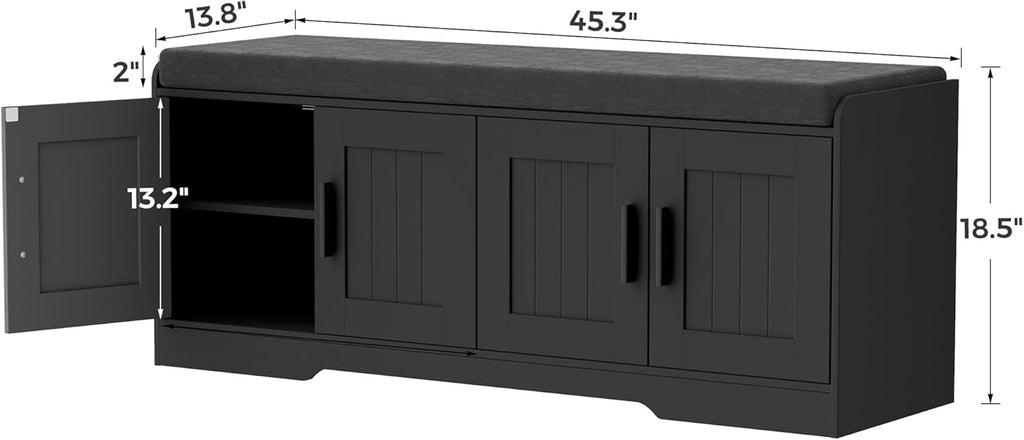 2-Tier Storage Bench, Shoe Bench with Thickened Padded Seat Cushion, Entryway Bench with 4 Doors, Adjustable Shelf, 13.8" D x 45.3" W x 18.5" H, for Entryway, Living Room, Bedroom, White wourant