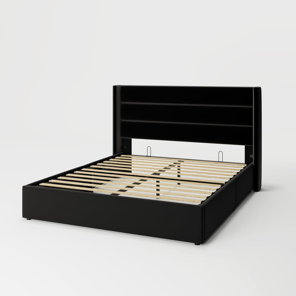 Allewie Queen Size Lift Up Storage Bed Modern Wingback Headboard Hydraulic Support wourant