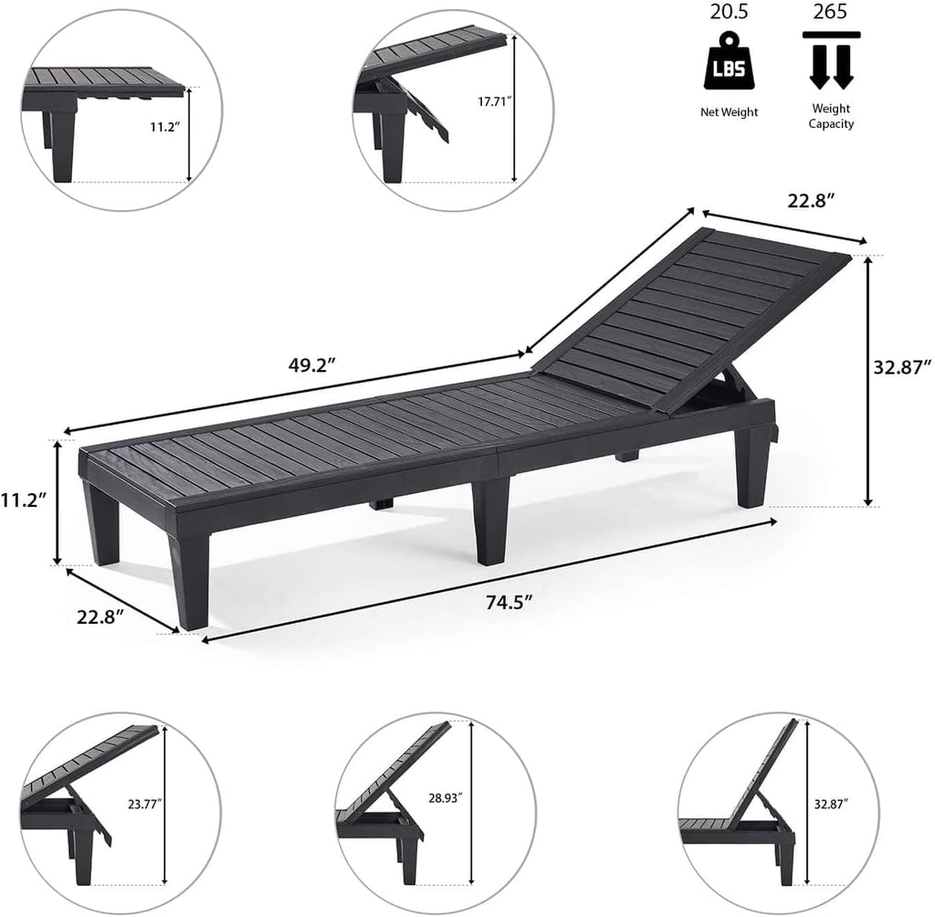 Patio Chairs - Black Chaise Lounge Chair Outdoor 5-Position Adjustable Sun Tanning Chair Waterproof Pool Lounge Chairs Set of 2 Reclining Lawn Chair, Lightweight Outdoor Lounge Chairs wourant