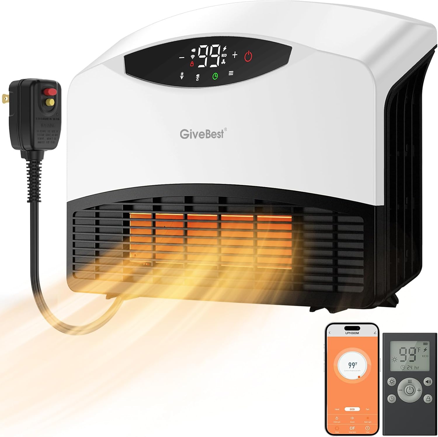 GiveBest Electric Wall Heater with WiFi and Remote Control, Floor or Wall Mounted Heater, Large Room Coverage, 3 Heating Modes, 1500W Fast Heating Space with Thermostat for Indoor Room Use wourant