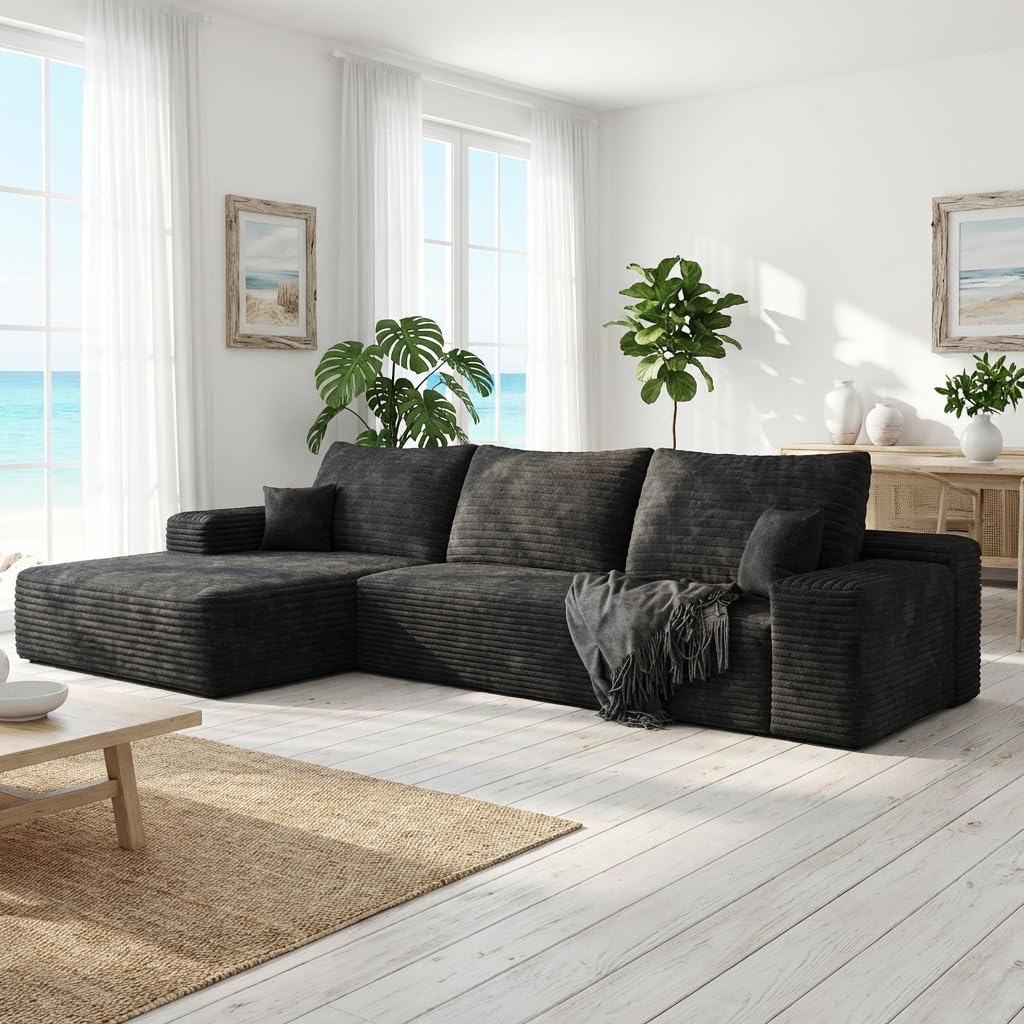 135" Oversized Compressed Sectional Sofa - 33D High-Density Foam Cloud Couch with Deep Seat - Minimalist 3-Piece Corduroy Upholstered Boneless Modular Lounge Couch | Breathable material, Full Foam, Anti-slip wourant