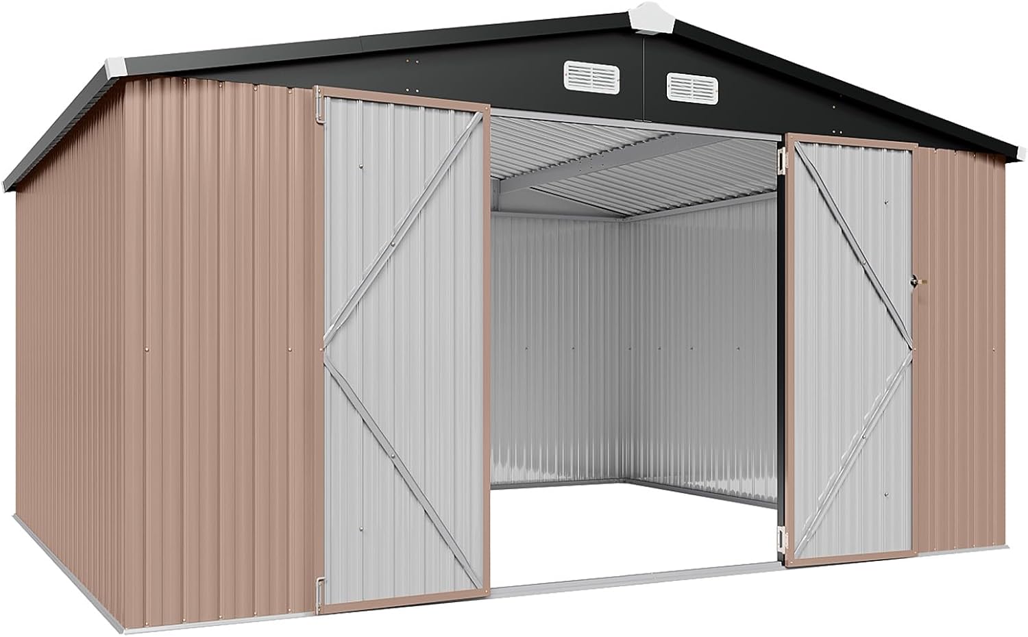 Aoxun 12x10 FT Shed Metal Outdoor Waterproof Storage Shed Steel Utility Garden Tool Shed with Door & Lock Outdoor Storage for Garden Patio Lawn Poolside, Brown wourant