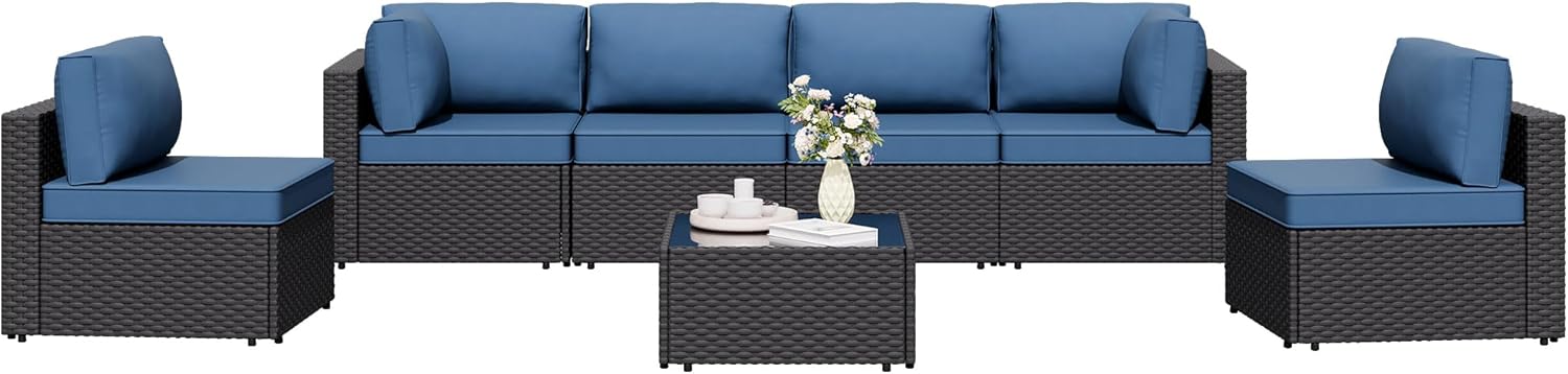 7 Pieces Outdoor Patio Sectional Sofa Couch, Wicker Furniture Patio Conversation Sets with Washable Cushions & Coffee Table for Garden, Poolside, Backyard woonhhop