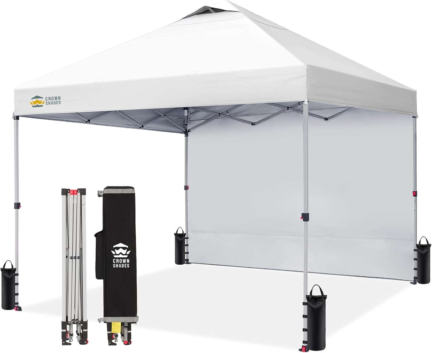 CROWN SHADES 10x10 Pop Up Canopy with 1 Side Wall - Beach Tent with One Push Setup - Outdoor Sun Shade for Events, Parties, Camping - Gazebo with STO-N-Go Cover Bag (White) woonhhop