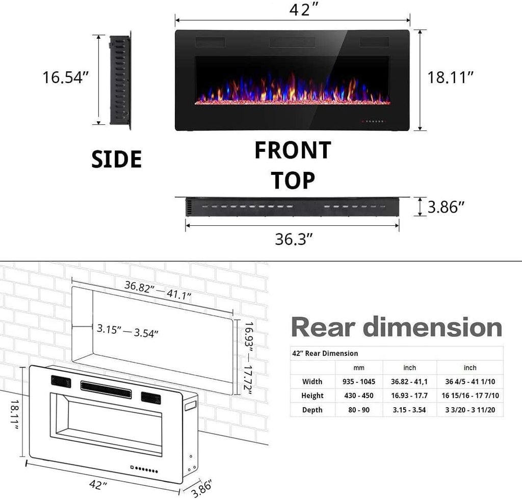 R.W.FLAME 60" Recessed and Wall Mounted Electric Fireplace, Low Noise, Fit for 2 x 6 Stud, Remote Control with Timer, Touch Screen, Adjustable Flame Color and Speed, 750-1500W wourant