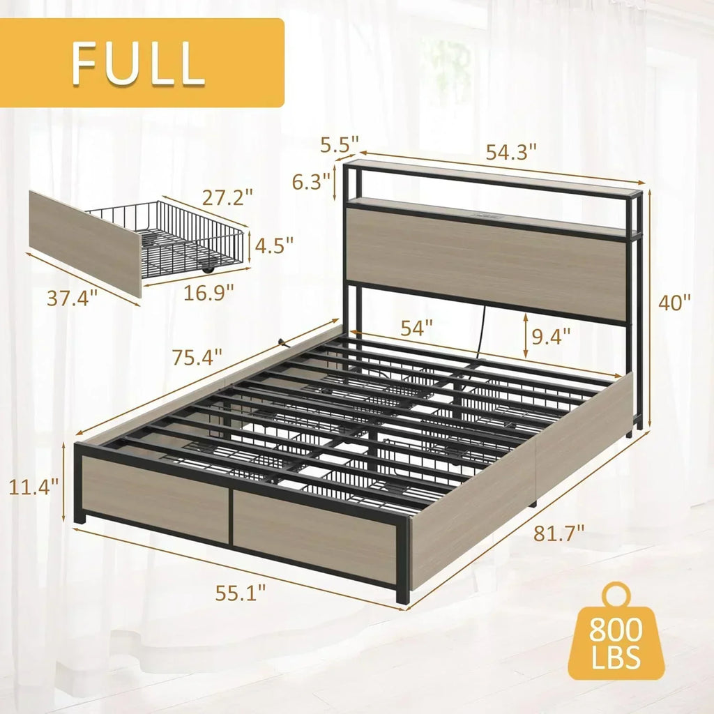 Lifezone Queen Bed Frame 2-Tier Storage Headboard Metal Platform Bed Frame 4 Storage Drawers wourant