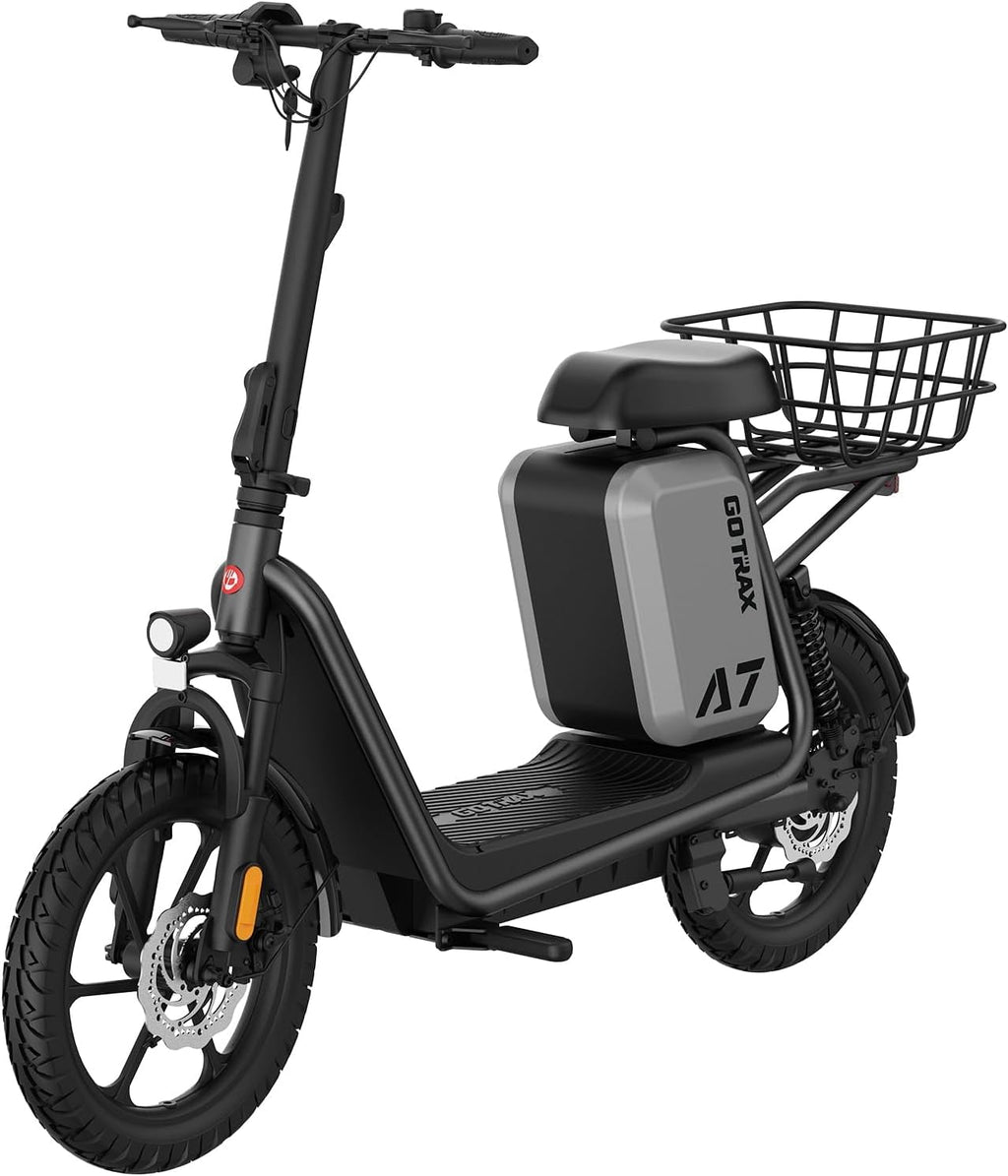 Gotrax adult electric scooter with seat, maximum range of 19-25 miles, all-terrain tires, wide pedals, padded seat, and carrycot wourant