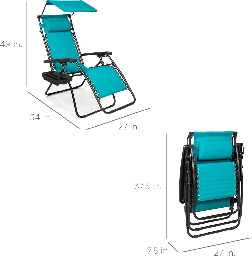 Best Choice Products Folding Zero Gravity Outdoor Recliner Patio Lounge Chair w/Adjustable Canopy Shade, Headrest, Side Accessory Tray, Textilene Mesh - Peacock Blue wourant