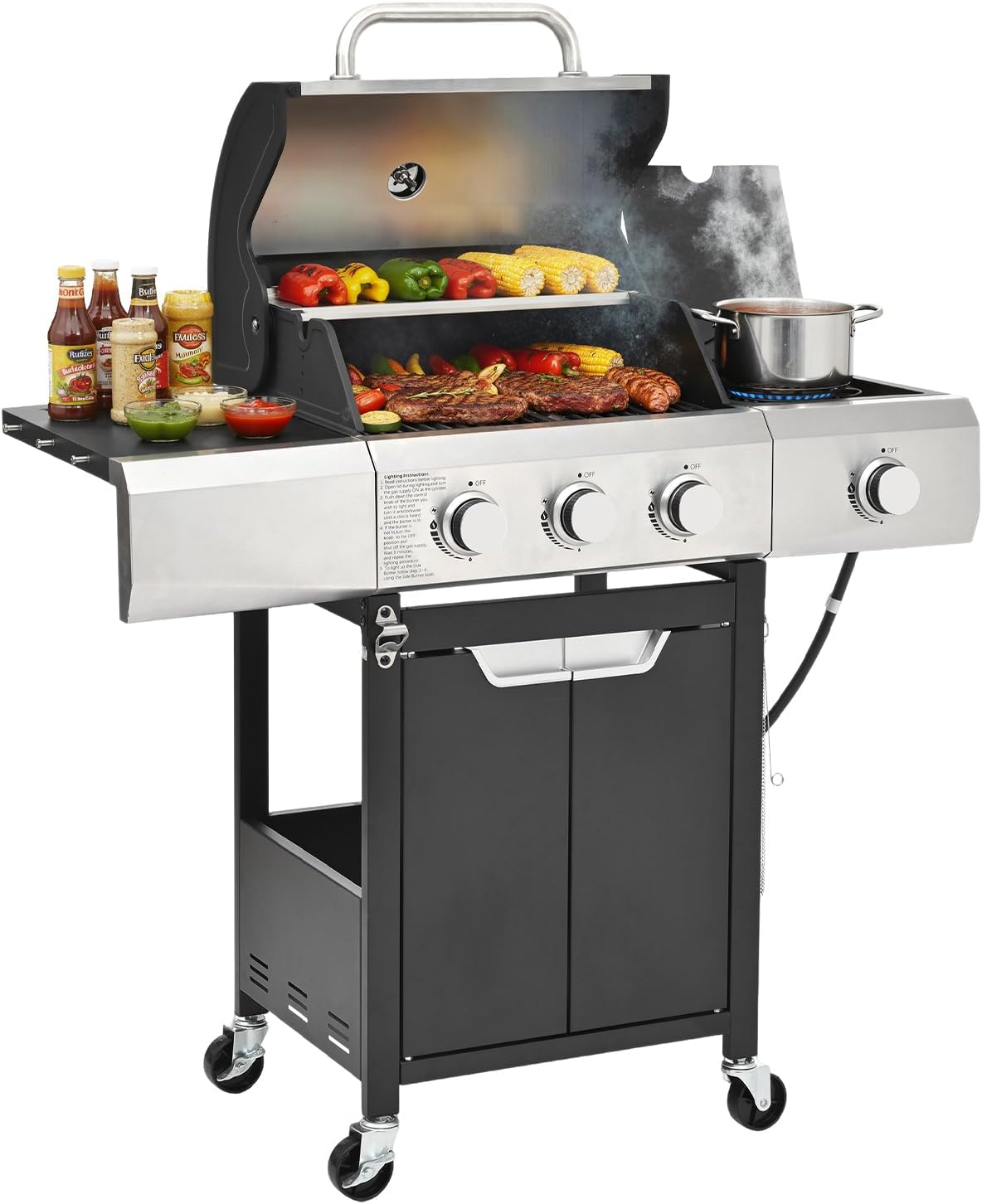 4-Burner Propane Gas BBQ Grill with Side Burner 46500 BTU Output Stainless Steel Barbecue Grill wourant