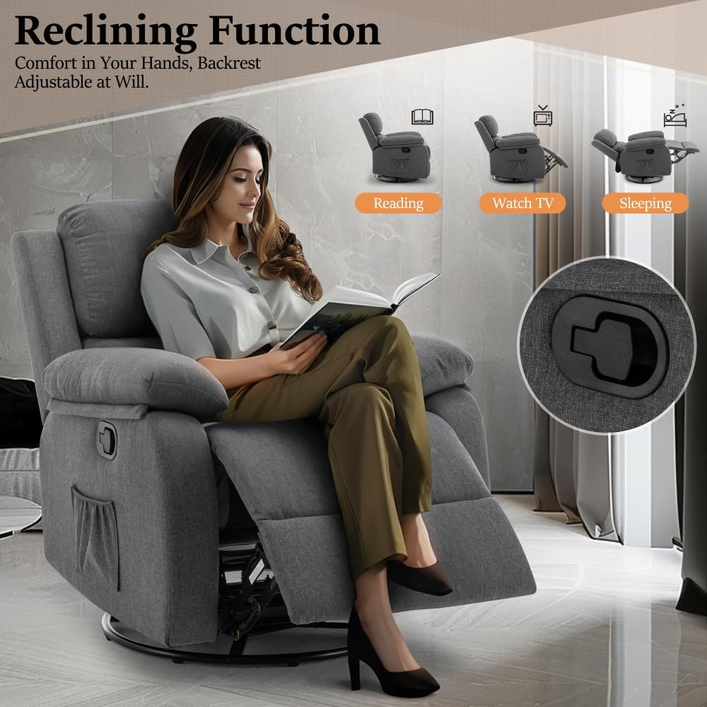 Reclining rocking chair 360 degree rotating fabric sliding reclining chair wourant