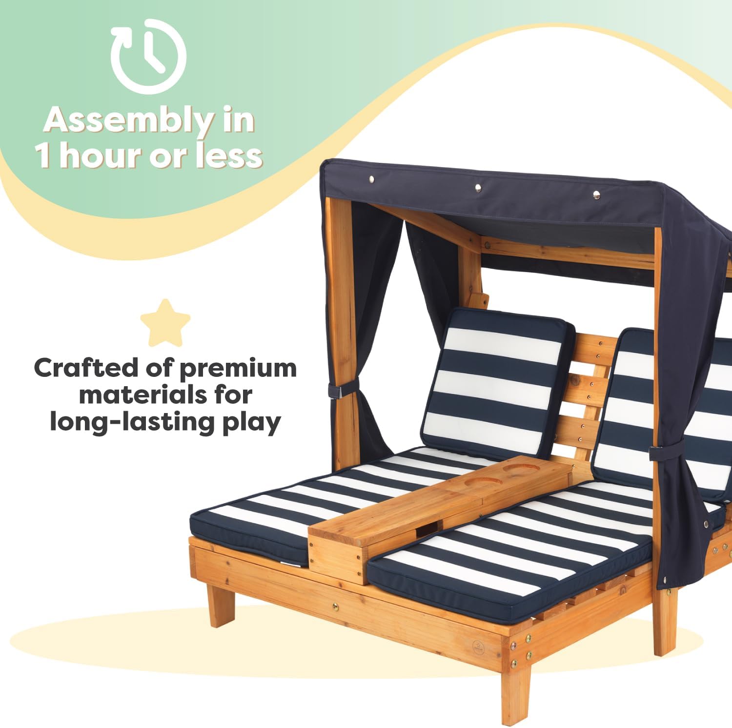 KidKraft Wooden Outdoor Double Chaise Lounge with Cup Holders, Kid's Patio Furniture, Honey with Navy and White Striped Fabric, Gift for Ages 3-8 wourant