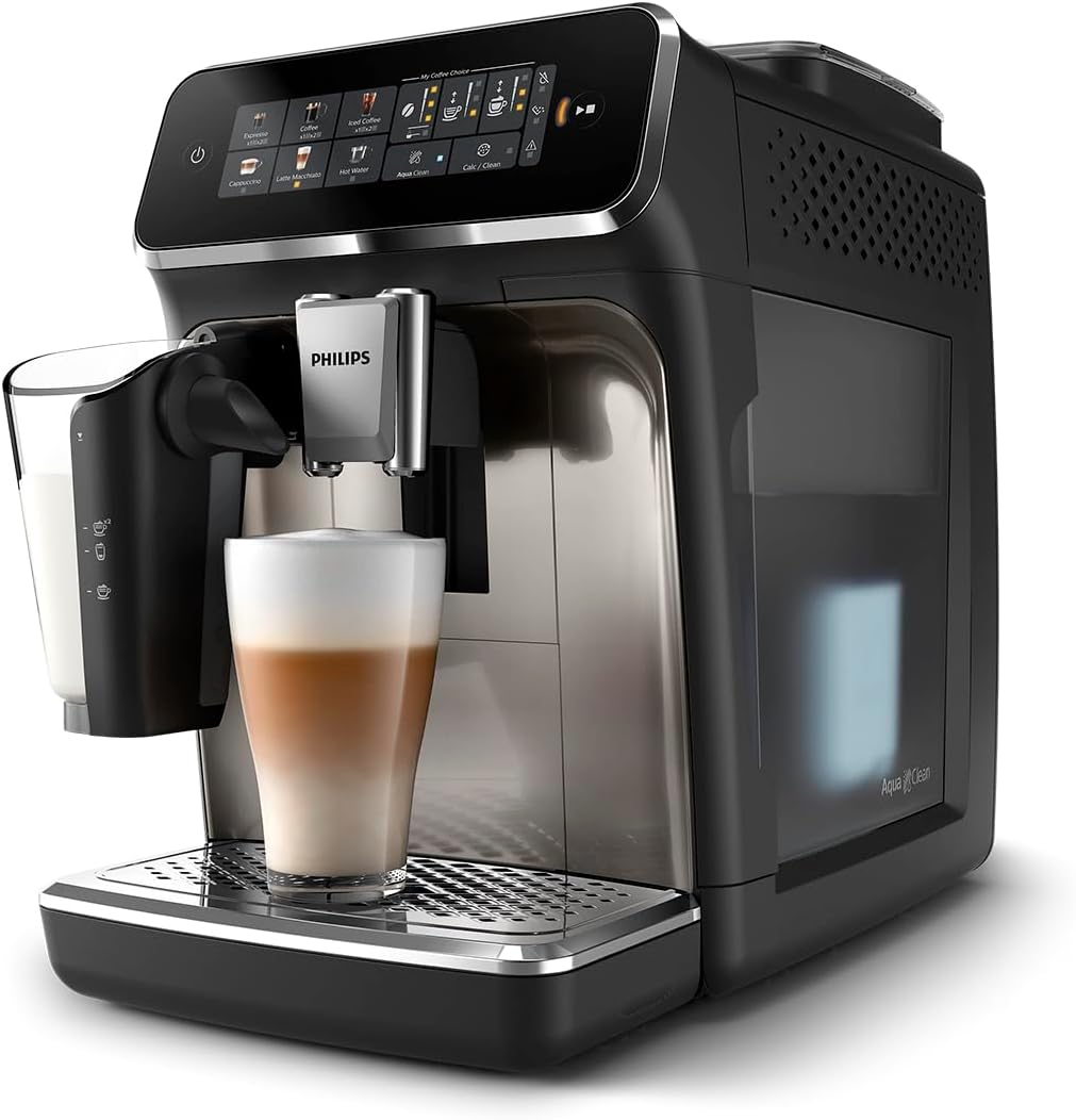 Philips 3300 Series Fully Automatic Espresso Machine with LatteGo Milk System and integrated grinder, 6 Hot & Iced Coffee Pre-Sets, 40% Quieter SilentBrew, 15-Bar Pressure, Glossy Black (EP3341/50) woonhhop