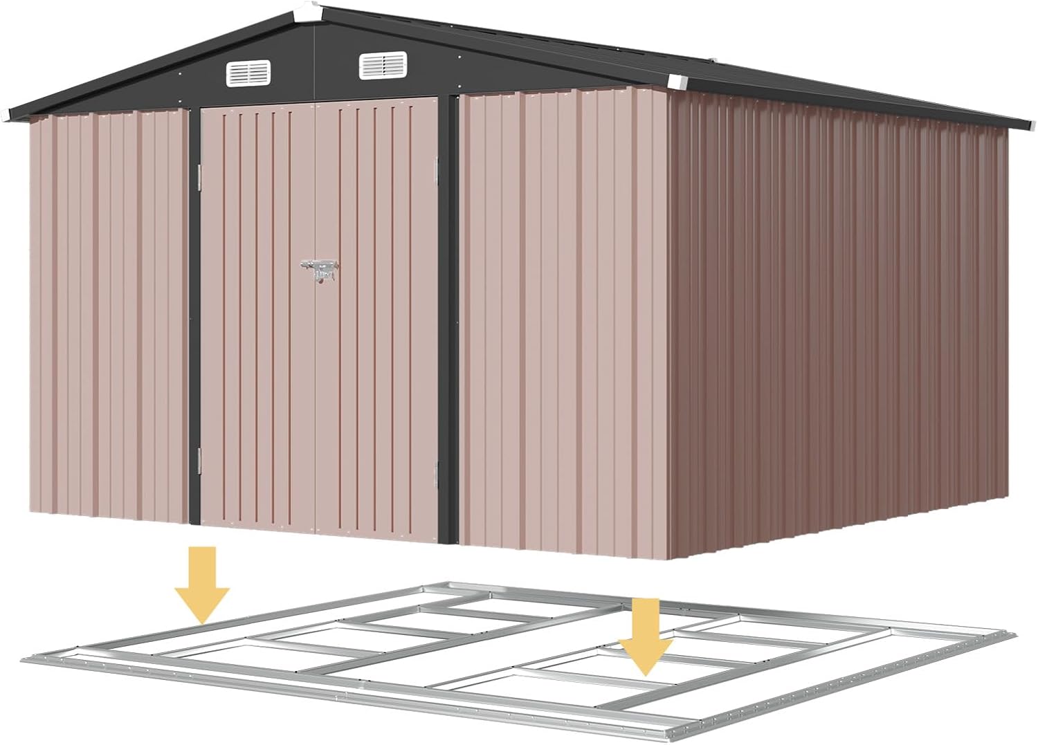 Aoxun 12x10 FT Shed Metal Outdoor Waterproof Storage Shed Steel Utility Garden Tool Shed with Door & Lock Outdoor Storage for Garden Patio Lawn Poolside, Brown wourant
