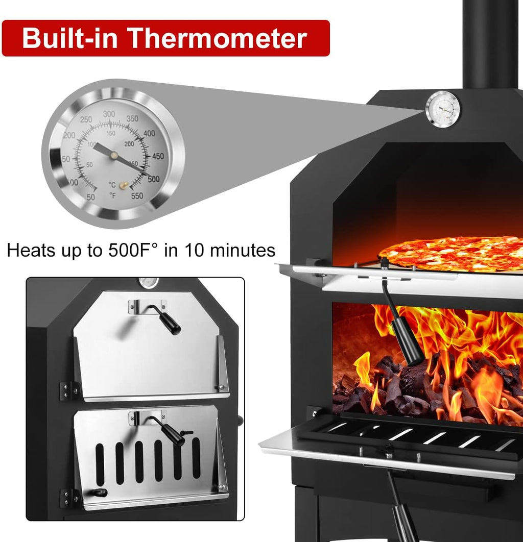 EDOSTORY Outdoor Pizza Oven, Wood Fired for Outside, Patio Maker With Stone, Peel, Grill Rack, and Waterproof Cover for Backyard Camping wourant