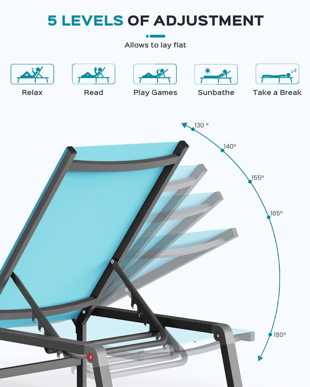 Aluminum Chaise Lounge Ourdoor - Foldable & Assemble Free Outdoor Lounge Chair with 5 Adjustable Backrest, Patio Lounge Chair for Outside Poolside Beach Pool, Black wourant