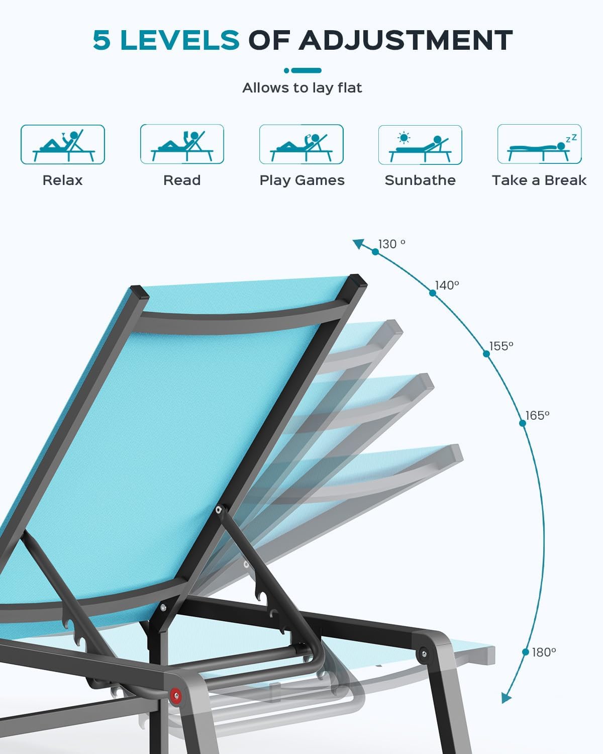 Aluminum Chaise Lounge Ourdoor - Foldable & Assemble Free Outdoor Lounge Chair with 5 Adjustable Backrest, Patio Lounge Chair for Outside Poolside Beach Pool, Black wourant
