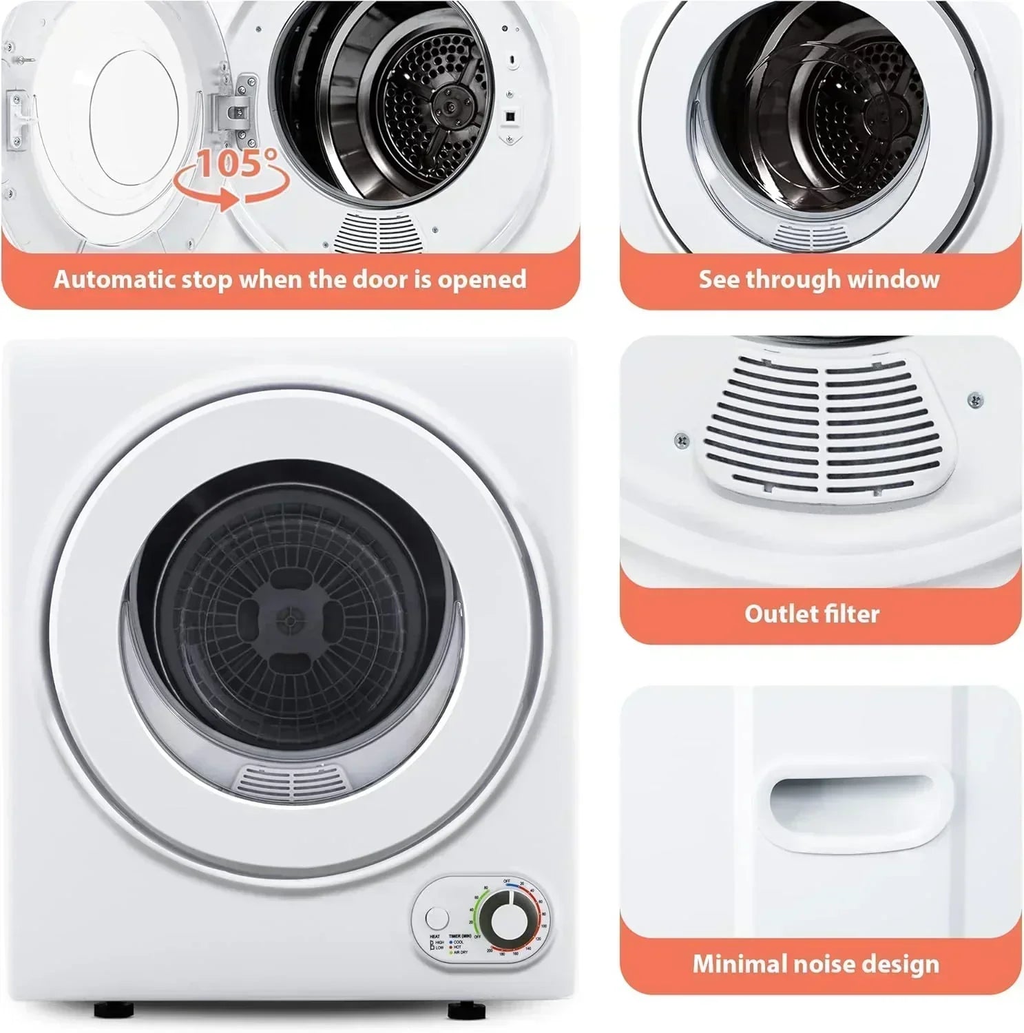Compact Laundry Dryer 3.5 cu ft Front Load Stainless Steel Clothes Dryers With Exhaust Pipe wourant
