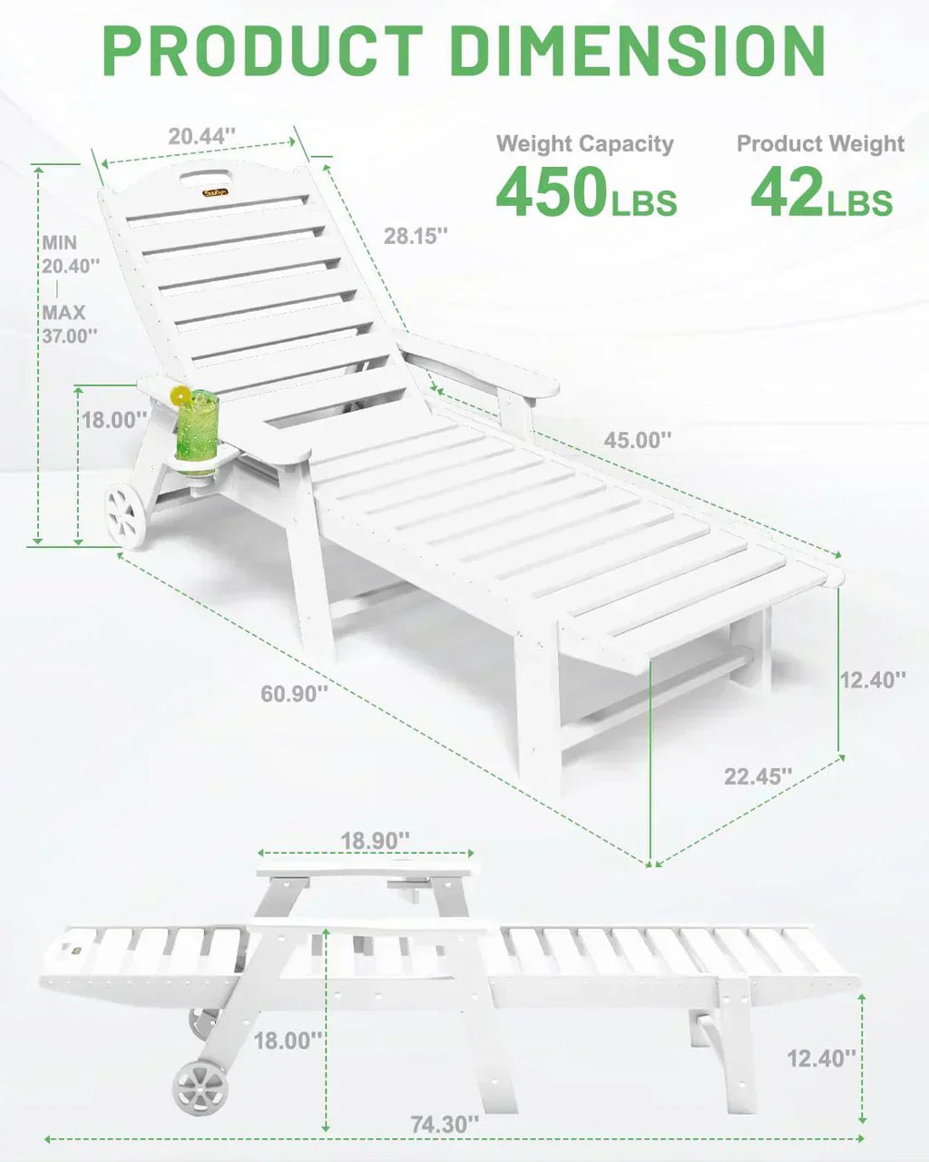 Lounge Chair Outdoor Chaise Lounge HDPE 6-Position Outdoor Chaise Lounge Patio Lounge Chair wourant