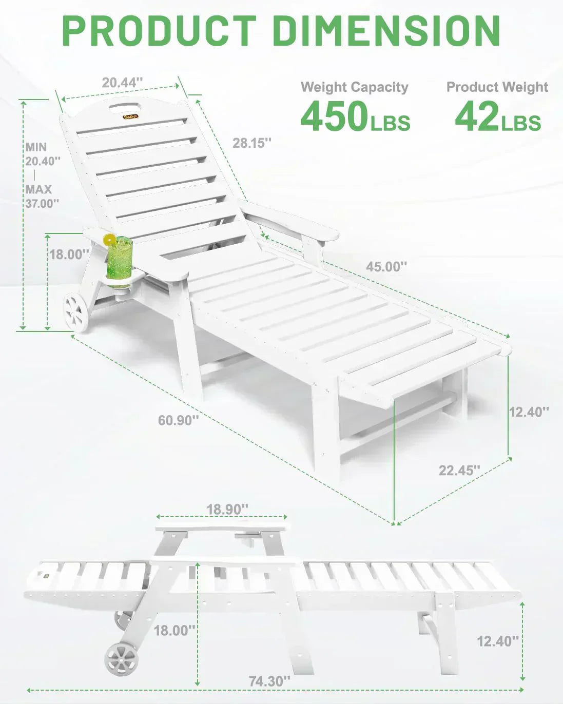 Lounge Chair Outdoor Chaise Lounge HDPE 6-Position Outdoor Chaise Lounge Patio Lounge Chair wourant