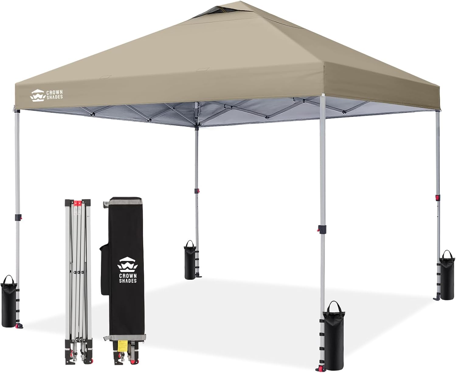 Crown Shades 10x10 Pop Up Canopy - Beach Tent with One Push Setup - Outdoor Sun Shade for Events, Parties, Camping - Gazebo with STO-N-Go Cover Bag, Silver Coated Top, 3 Height& 4 Sand Bags, Yellow woonhhop