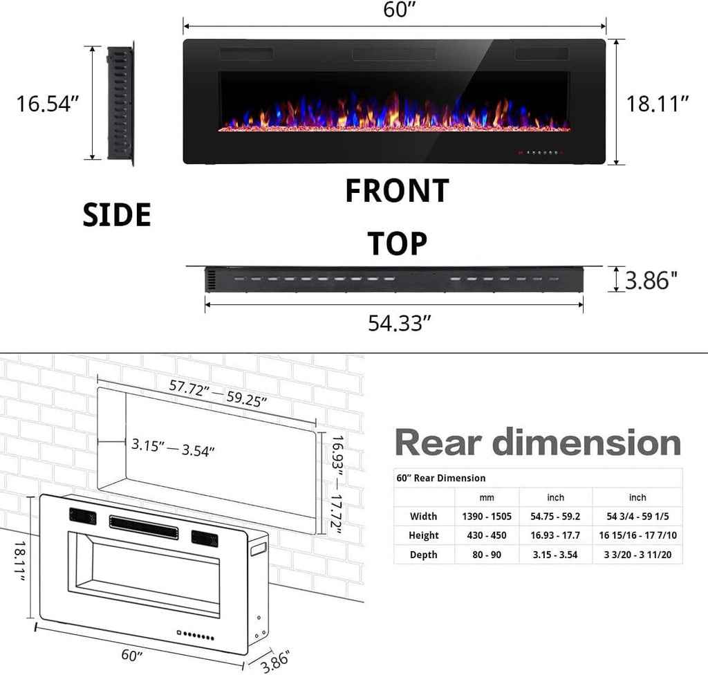 R.W.FLAME 60" Recessed and Wall Mounted Electric Fireplace, Low Noise, Fit for 2 x 6 Stud, Remote Control with Timer, Touch Screen, Adjustable Flame Color and Speed, 750-1500W wourant