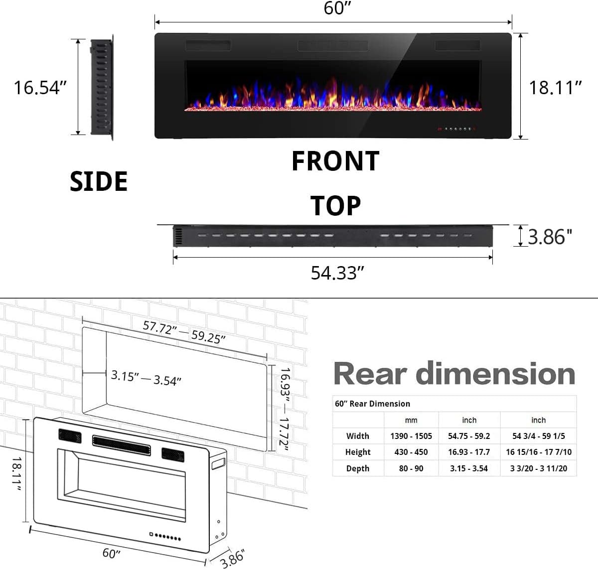R.W.FLAME 60" Recessed and Wall Mounted Electric Fireplace, Low Noise, Fit for 2 x 6 Stud, Remote Control with Timer, Touch Screen, Adjustable Flame Color and Speed, 750-1500W wourant