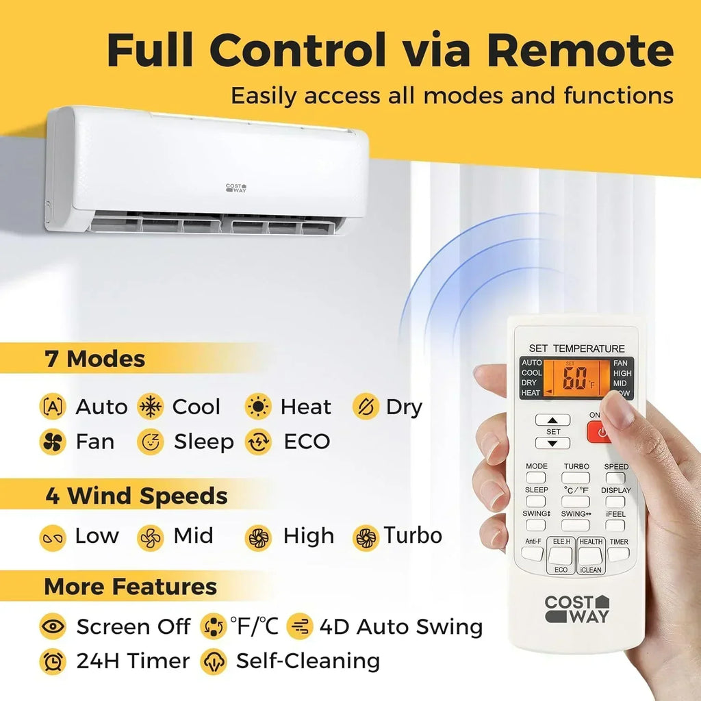 COSTWAY 12000BTU Mini Split Air Conditioner Heater 20 SEER2 115V Wall-Mounted Ductless wourant
