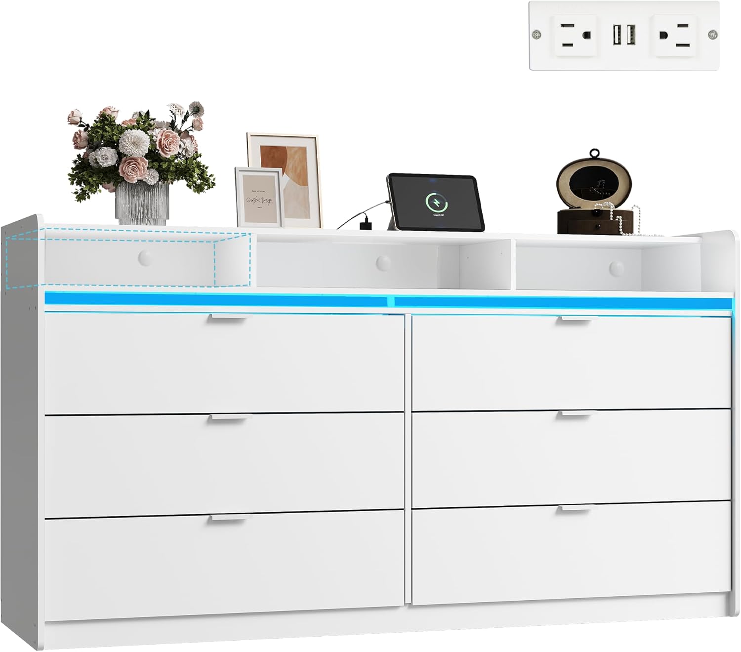 9 Drawer Led Dresser for Bedroom, 58.35'' Wide Wood Dresser Storage Organizer with Power Outlets for 65'' TV, Dressers with Open Shelves wourant
