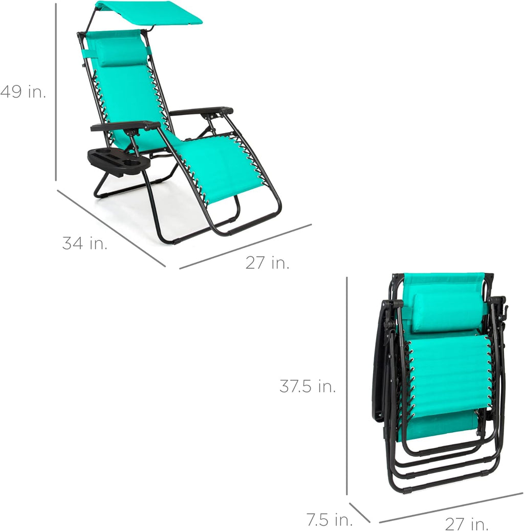 Best Choice Products Folding Zero Gravity Outdoor Recliner Patio Lounge Chair w/Adjustable Canopy Shade, Headrest, Side Accessory Tray, Textilene Mesh - Peacock Blue wourant