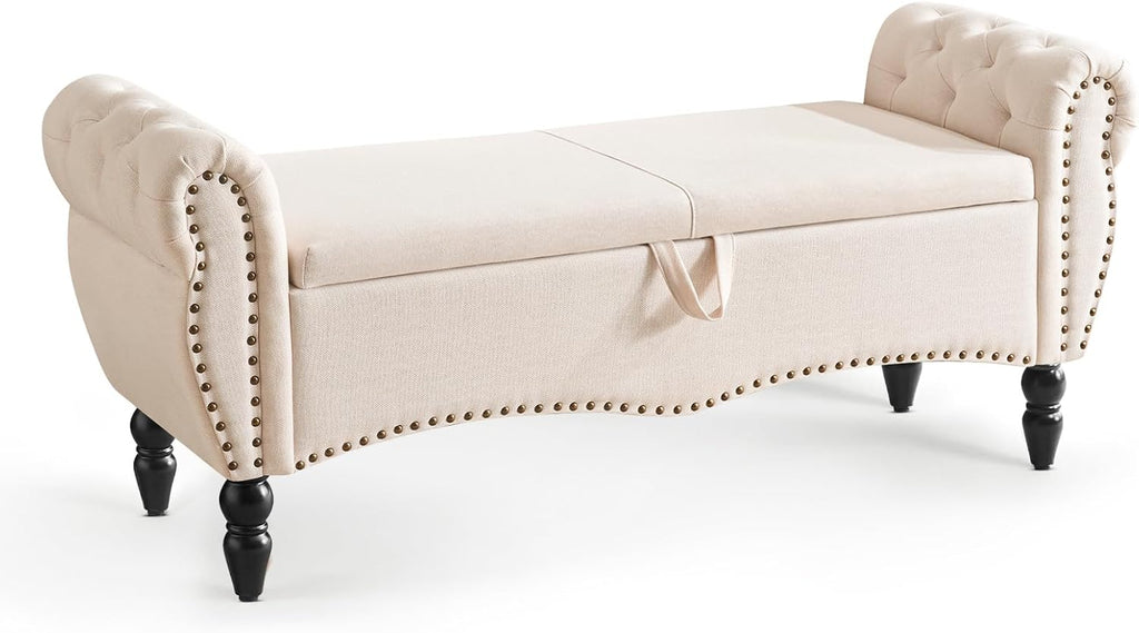 Furniliving Modern Storage Ottoman Bench, Sherpa Ottoman End of Bed Bench with Solid Wood Legs Upholstered Ottoman Benches with Storage Indoor Bench wourant