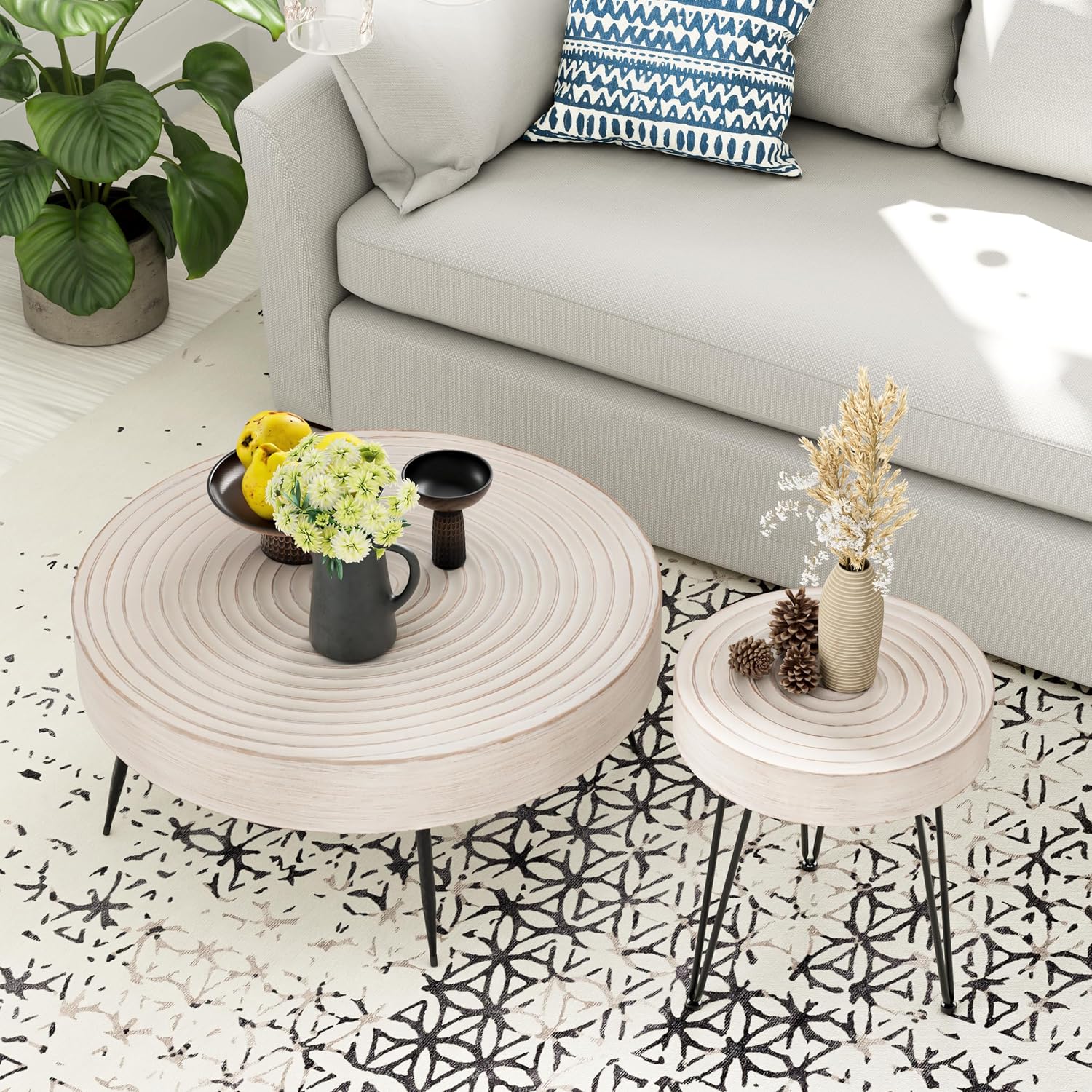 Two-Piece Modern Farmhouse Living Room Coffee Table Set Round Nesting Tables wourant