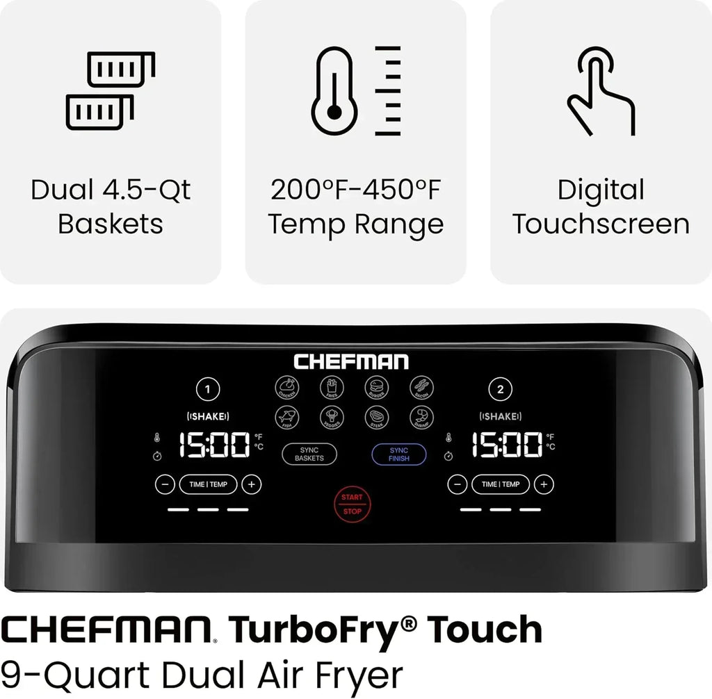 Chefman 6-Quart Dual Basket Air Fryer Digital Touchscreen Smart Sync Finish High-Frying wourant