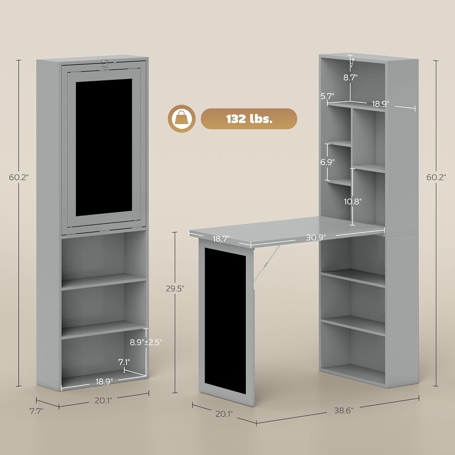 Folding convertible writing desk, wall mounted desk cabinet, multifunctional home office workstation wourant