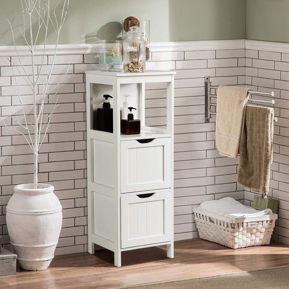 Bathroom Floor Cabinet, Wooden Storage Cabinet with 2 Drawers, Multifunctional Side Organizer Rack Stand Table wourant