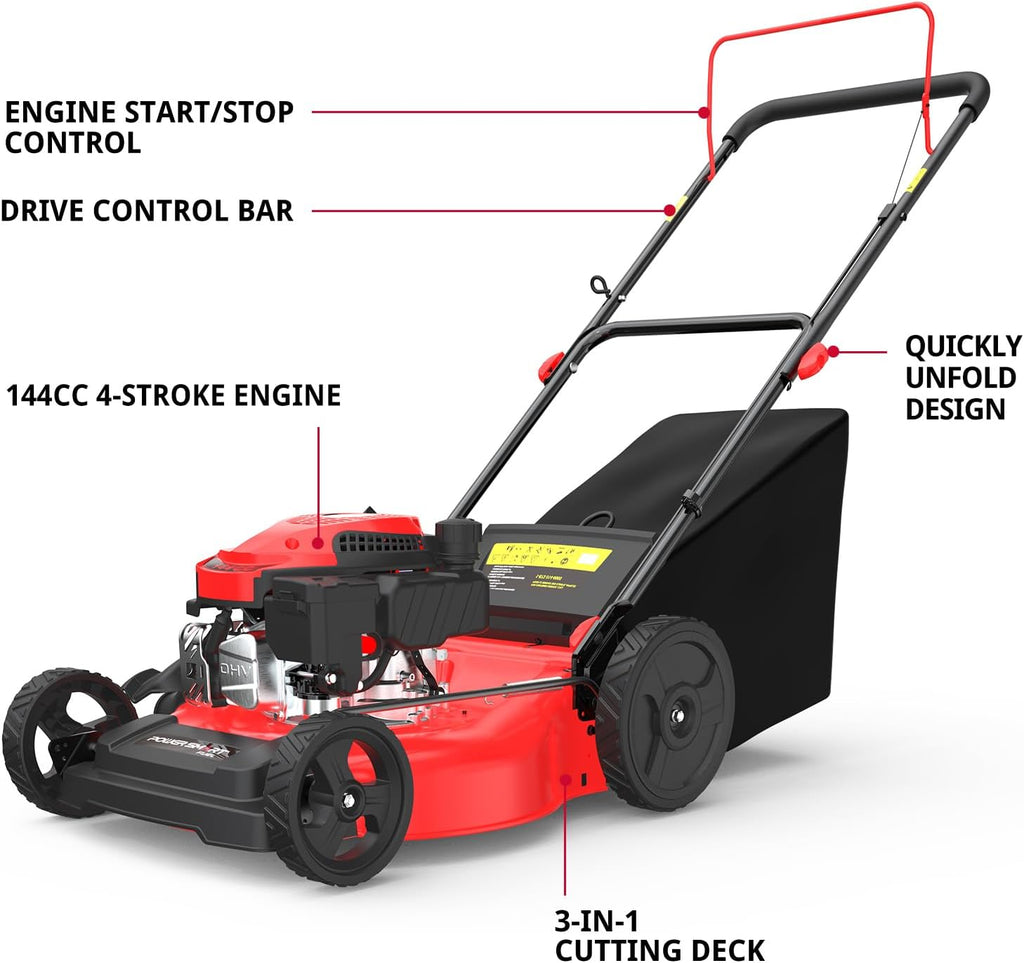 PowerSmart Gas Lawn Mower 21-Inch 144cc OHV Engine 3-in-1 Push Mower with Bagging wourant
