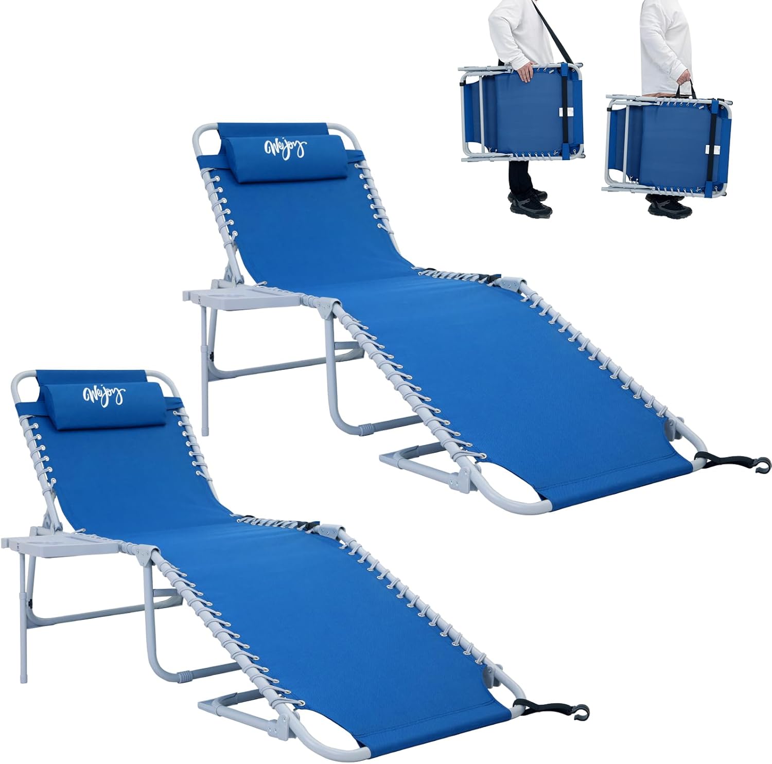 2 Pack Outdoor Chaise Lounge Chair - Portable Folding Patio Pool Lounge Chair, 5 Positions Adjustable Reclining Camping Chair with Side Table,Shoulder Strap, Pillow for Beach Sunbathing Lawn wourant