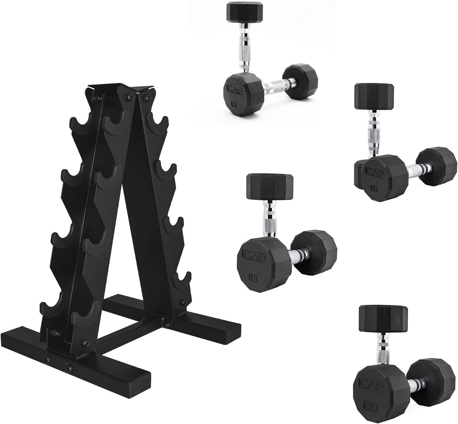 CAP Barbell Rubber Coated Dumbbell Weight Set with Vertical Rack | 100 lb, 150 lb, and 210 lb Options wourant